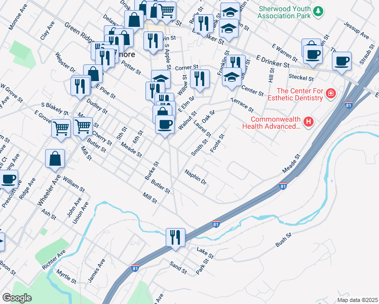 map of restaurants, bars, coffee shops, grocery stores, and more near 200 Somers Street in Dunmore