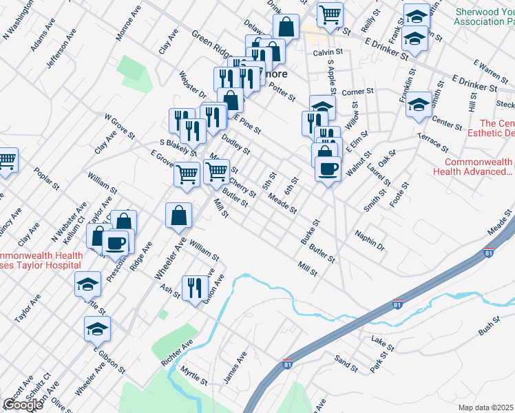 map of restaurants, bars, coffee shops, grocery stores, and more near 607 5th Street in Dunmore