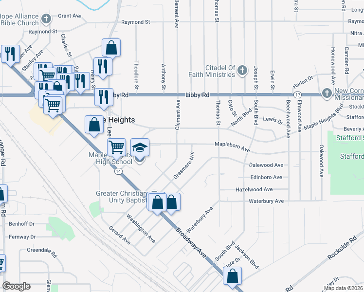 map of restaurants, bars, coffee shops, grocery stores, and more near 17210 Mapleboro Road in Maple Heights