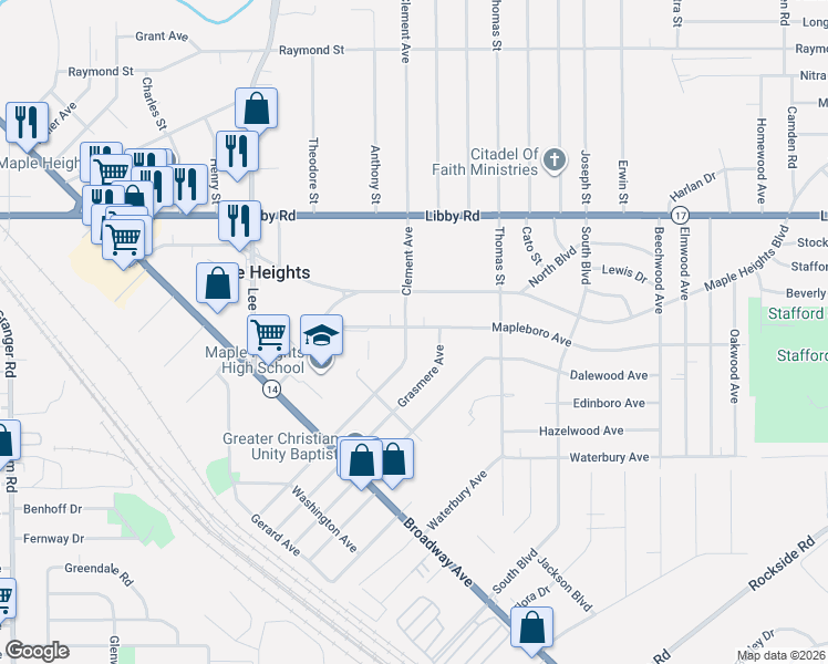 map of restaurants, bars, coffee shops, grocery stores, and more near 17210 Mapleboro Road in Maple Heights