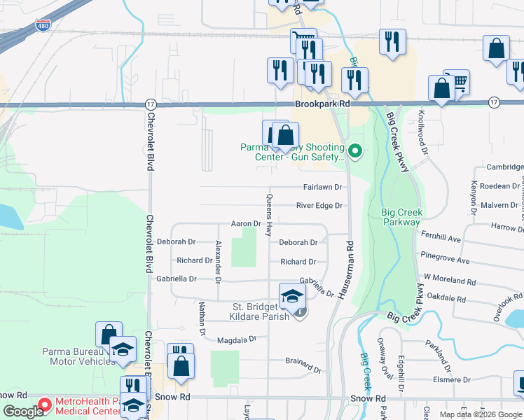 map of restaurants, bars, coffee shops, grocery stores, and more near 10881 River Edge Drive in Parma