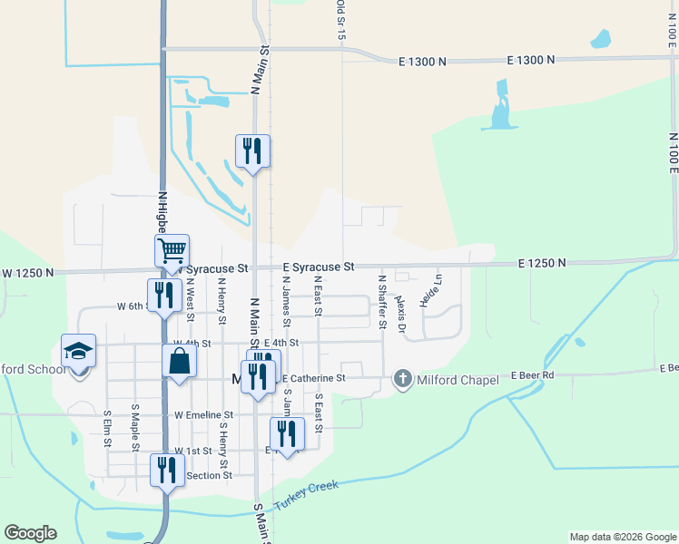 map of restaurants, bars, coffee shops, grocery stores, and more near 310 East Syracuse Street in Milford