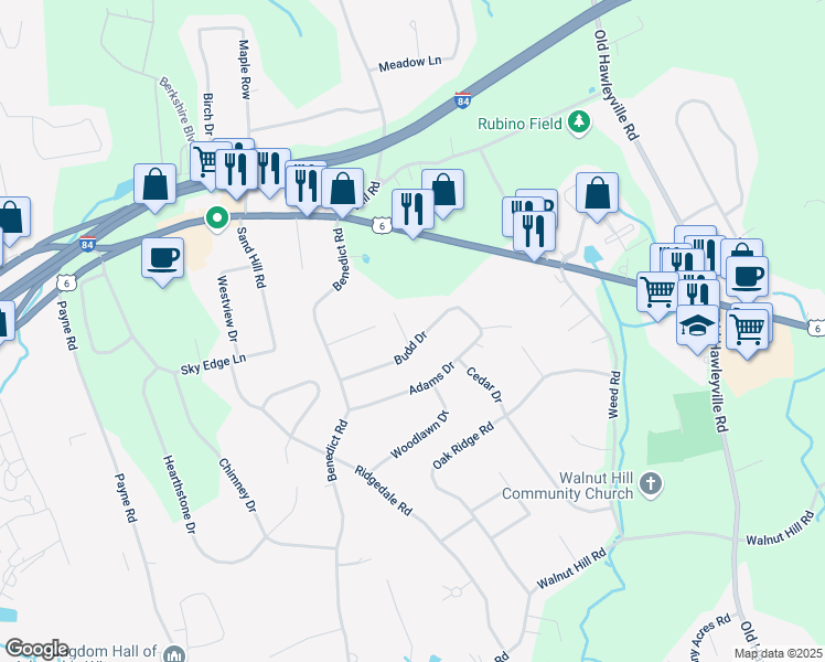 map of restaurants, bars, coffee shops, grocery stores, and more near 16 Budd Drive in Bethel