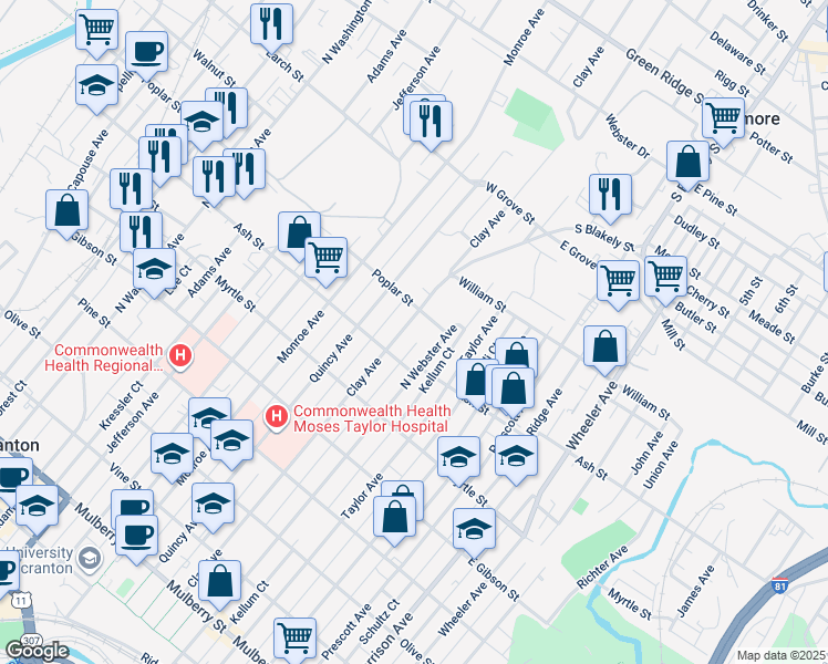 map of restaurants, bars, coffee shops, grocery stores, and more near 1028 Clay Avenue in Scranton