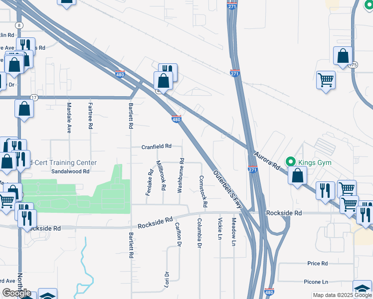 map of restaurants, bars, coffee shops, grocery stores, and more near 5387 Washburne Road in Bedford Heights