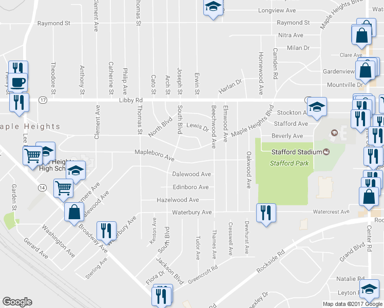 map of restaurants, bars, coffee shops, grocery stores, and more near 18324 Maple Heights Blvd in Maple Heights
