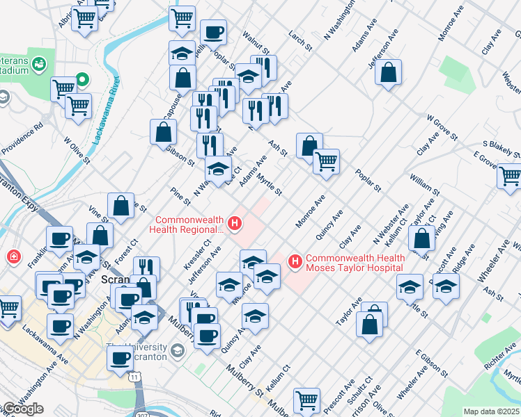 map of restaurants, bars, coffee shops, grocery stores, and more near 810 Jefferson Avenue in Scranton