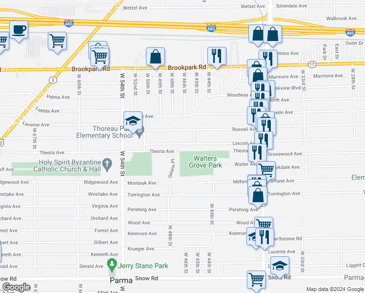 map of restaurants, bars, coffee shops, grocery stores, and more near 4607 Lincoln Avenue in Parma