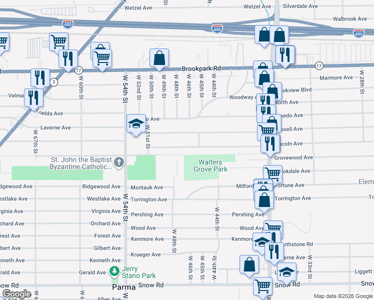 map of restaurants, bars, coffee shops, grocery stores, and more near 4607 Lincoln Avenue in Parma