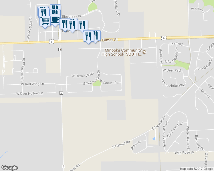 map of restaurants, bars, coffee shops, grocery stores, and more near 26917 W Locust Rd in Channahon