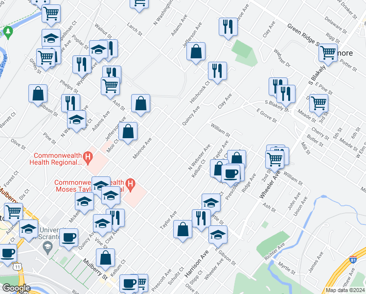 map of restaurants, bars, coffee shops, grocery stores, and more near 1019 Clay Avenue in Scranton