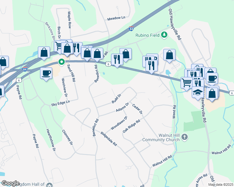 map of restaurants, bars, coffee shops, grocery stores, and more near 16 Budd Drive in Bethel