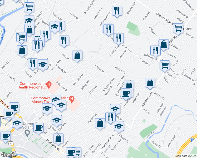 map of restaurants, bars, coffee shops, grocery stores, and more near 1015 Clay Avenue in Scranton