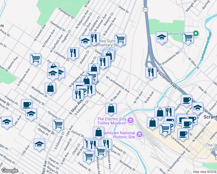 map of restaurants, bars, coffee shops, grocery stores, and more near 235 Saint Frances Cabrini Avenue in Scranton