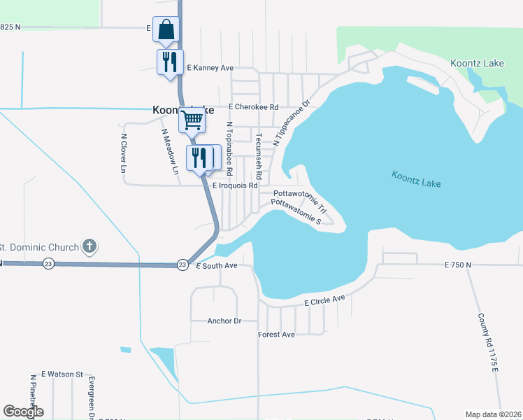 map of restaurants, bars, coffee shops, grocery stores, and more near 11017 Pottawatomie South in Walkerton