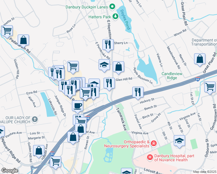map of restaurants, bars, coffee shops, grocery stores, and more near 42 Hayestown Avenue in Danbury