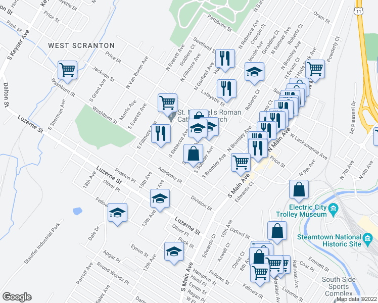 map of restaurants, bars, coffee shops, grocery stores, and more near 136 South Lincoln Avenue in Scranton