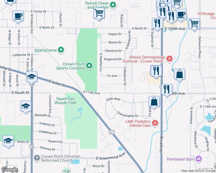 map of restaurants, bars, coffee shops, grocery stores, and more near 383 Golden Oak Drive in Crown Point
