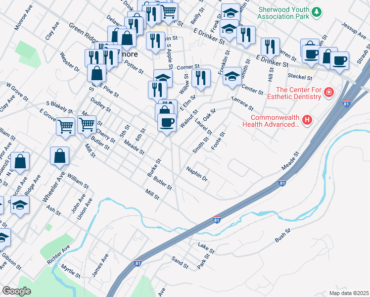 map of restaurants, bars, coffee shops, grocery stores, and more near 200 Somers Street in Dunmore