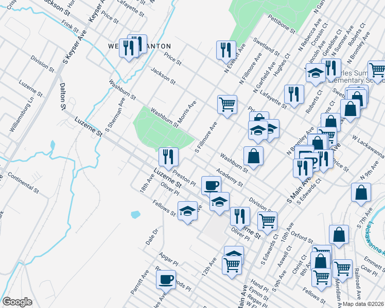 map of restaurants, bars, coffee shops, grocery stores, and more near 1725 Academy Street in Scranton