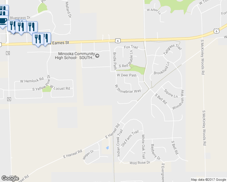 map of restaurants, bars, coffee shops, grocery stores, and more near 26537 West Stonebriar Way in Channahon