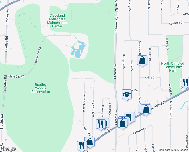 map of restaurants, bars, coffee shops, grocery stores, and more near 29510 Broxbourne Road in North Olmsted