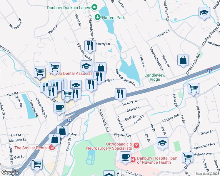 map of restaurants, bars, coffee shops, grocery stores, and more near 1 Glen Hill Road in Danbury