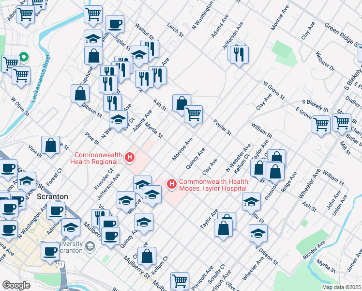 map of restaurants, bars, coffee shops, grocery stores, and more near 907 Monroe Avenue in Scranton