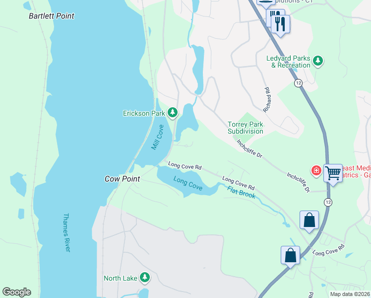 map of restaurants, bars, coffee shops, grocery stores, and more near 10 Mill Cove Road in Ledyard
