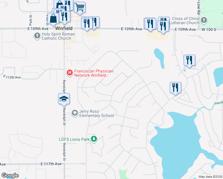 map of restaurants, bars, coffee shops, grocery stores, and more near 4121 Augusta Dr in Crown Point