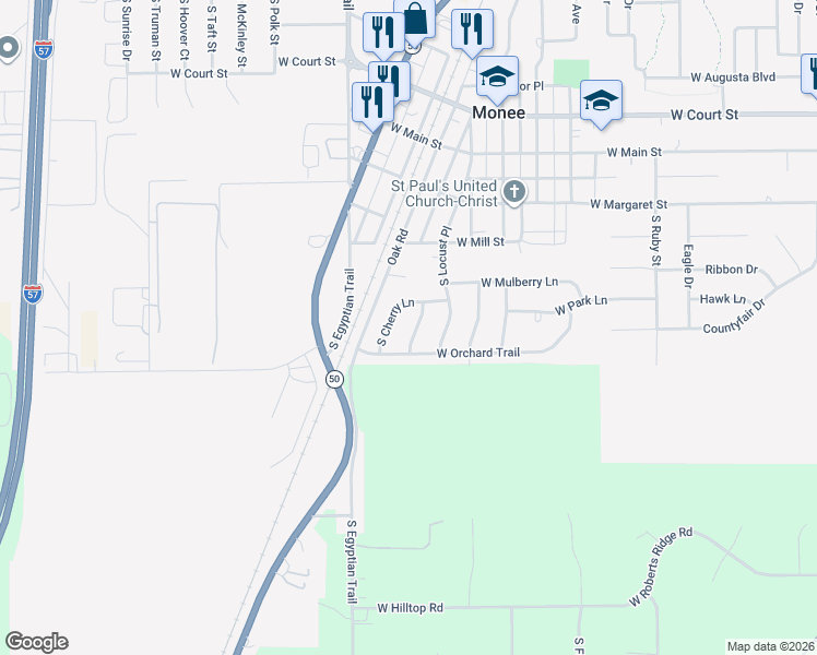 map of restaurants, bars, coffee shops, grocery stores, and more near 26236 South Peach Tree Lane in Monee