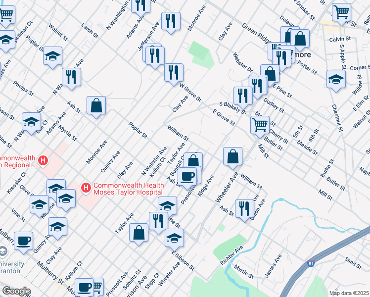map of restaurants, bars, coffee shops, grocery stores, and more near 1110 Taylor Avenue in Scranton