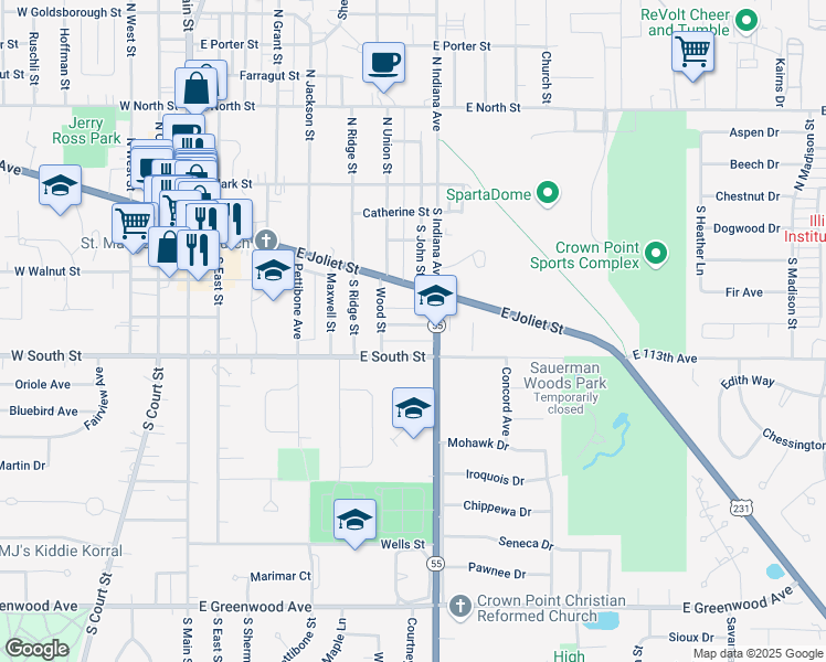 map of restaurants, bars, coffee shops, grocery stores, and more near 729 Center Street in Crown Point