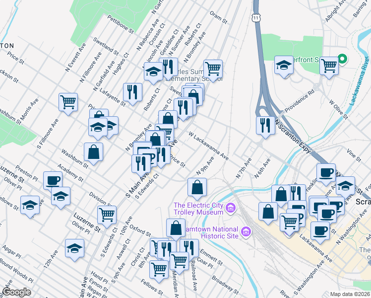 map of restaurants, bars, coffee shops, grocery stores, and more near 235 Saint Frances Cabrini Avenue in Scranton