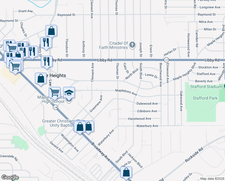 map of restaurants, bars, coffee shops, grocery stores, and more near 17608 Mapleboro Avenue in Maple Heights