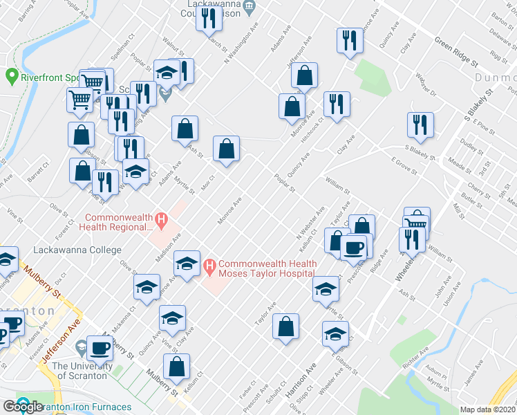 map of restaurants, bars, coffee shops, grocery stores, and more near 947 Quincy Avenue in Scranton