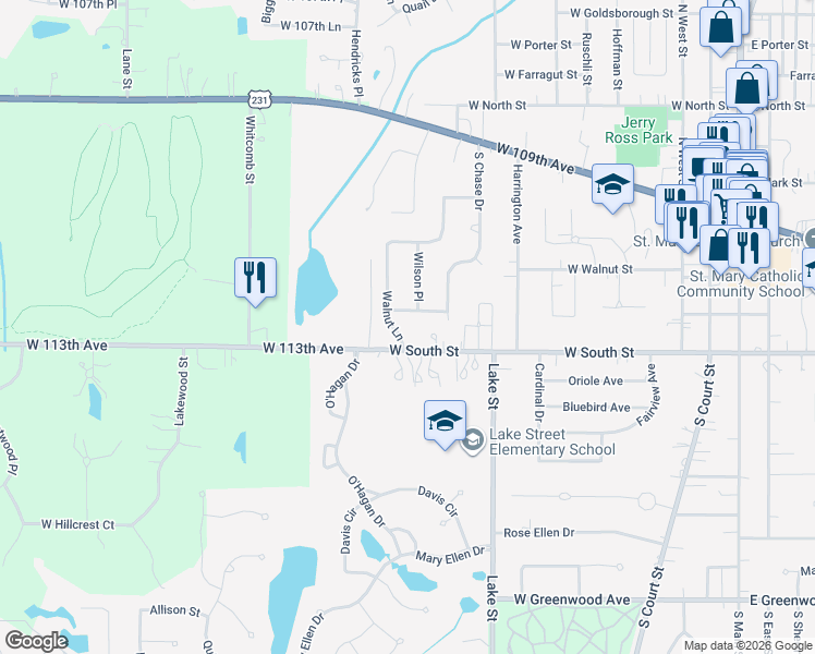 map of restaurants, bars, coffee shops, grocery stores, and more near 312 Walnut Lane in Crown Point