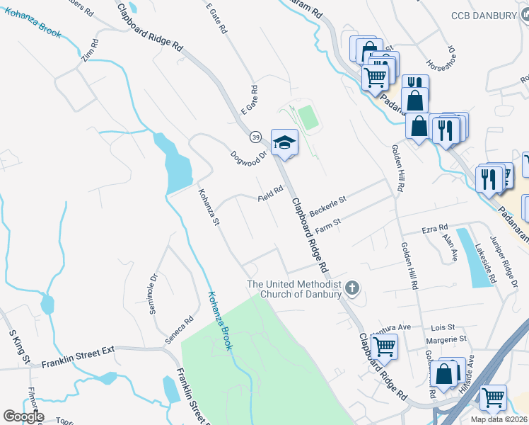 map of restaurants, bars, coffee shops, grocery stores, and more near 6 Crest Road in Danbury