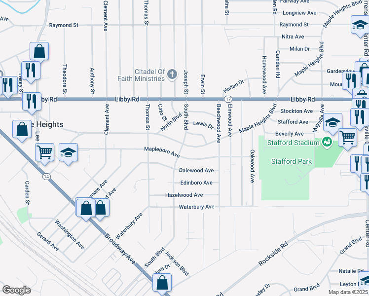 map of restaurants, bars, coffee shops, grocery stores, and more near 18200 Maple Heights Boulevard in Maple Heights