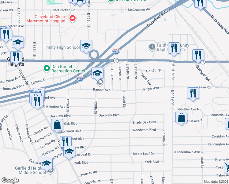 map of restaurants, bars, coffee shops, grocery stores, and more near 13101 Willard Avenue in Garfield Heights