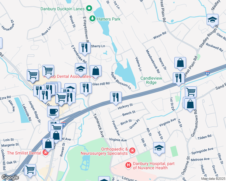 map of restaurants, bars, coffee shops, grocery stores, and more near 3 Glen Hill Road in Danbury