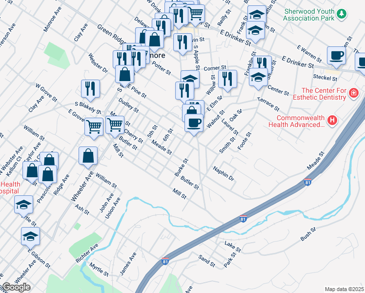 map of restaurants, bars, coffee shops, grocery stores, and more near 309 West Elm Street in Dunmore
