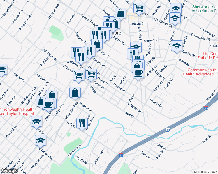 map of restaurants, bars, coffee shops, grocery stores, and more near 607 5th Street in Dunmore