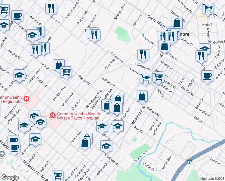 map of restaurants, bars, coffee shops, grocery stores, and more near 1110 Taylor Avenue in Scranton