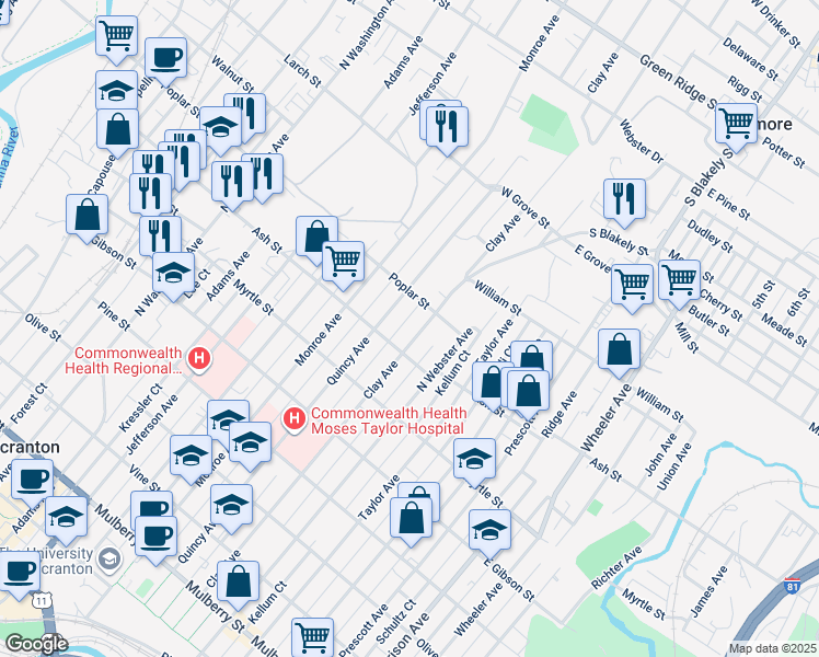 map of restaurants, bars, coffee shops, grocery stores, and more near 1017 Ash Street in Scranton