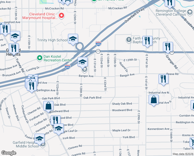 map of restaurants, bars, coffee shops, grocery stores, and more near 13101 Willard Avenue in Garfield Heights