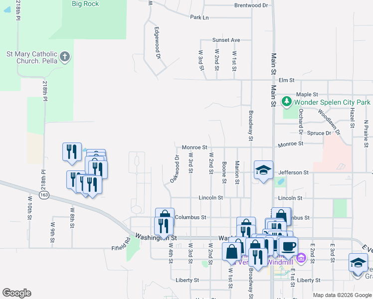 map of restaurants, bars, coffee shops, grocery stores, and more near 1219 West 3rd Street in Pella