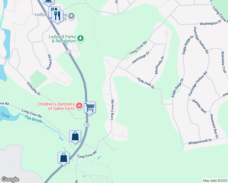 map of restaurants, bars, coffee shops, grocery stores, and more near 953 Long Cove Road in Ledyard