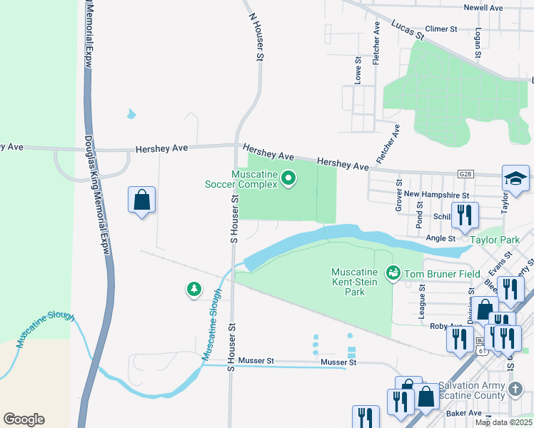 map of restaurants, bars, coffee shops, grocery stores, and more near 401 South Houser Street in Muscatine