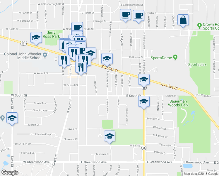 map of restaurants, bars, coffee shops, grocery stores, and more near 262 Pettibone Avenue in Crown Point